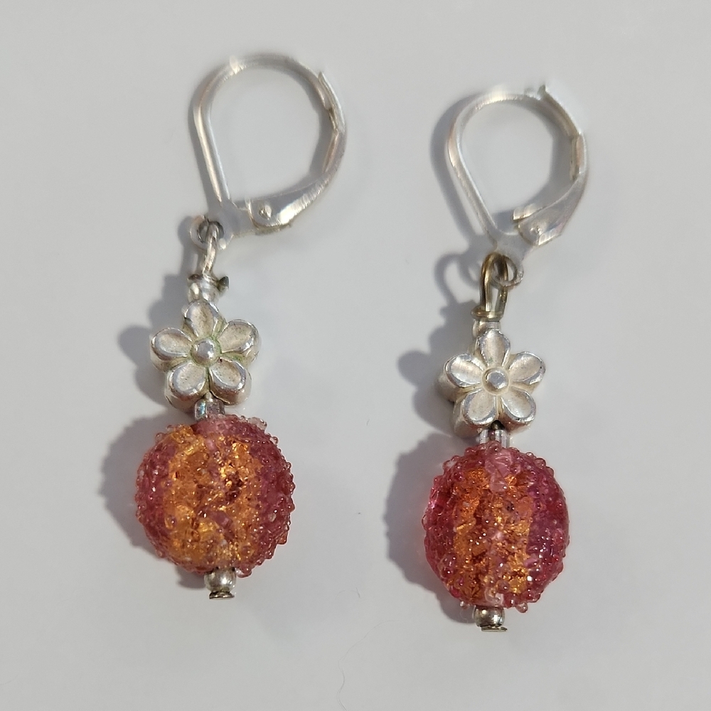 Pink and Orange Textured Bead Earrings with Silver Accents